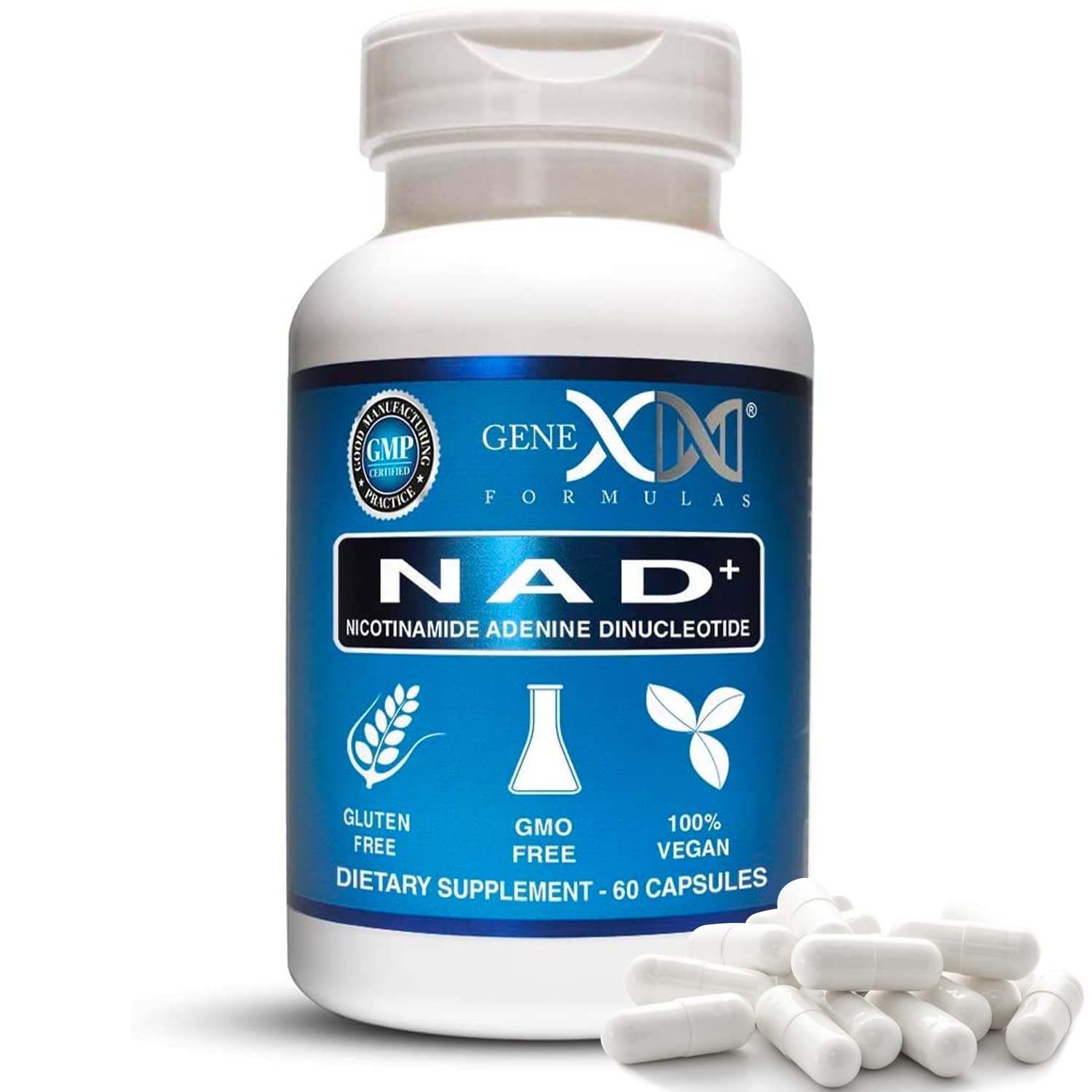 Front view of Genex Formulas NAD+ 250mg bottle