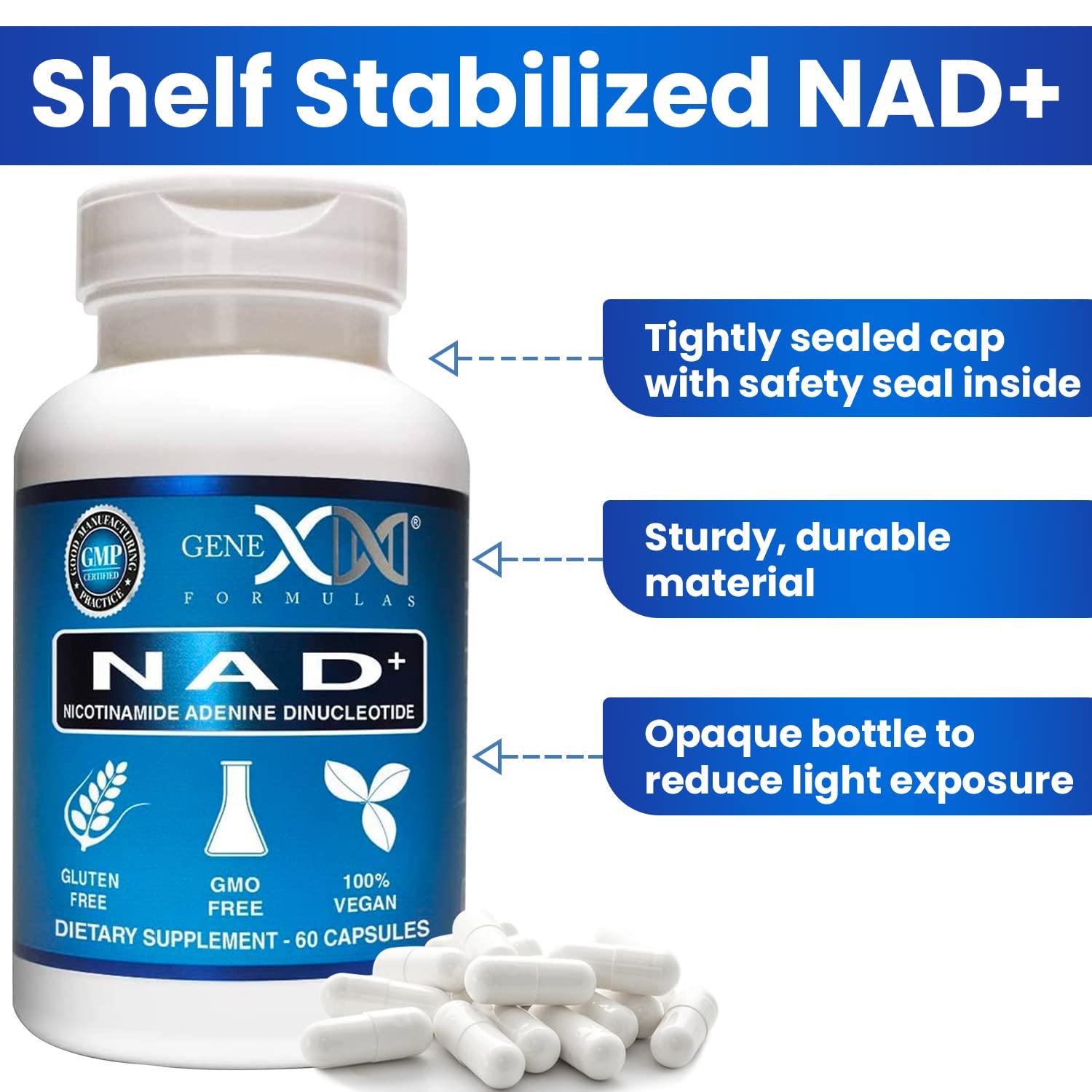 NAD+ bottle label displaying 60 capsules