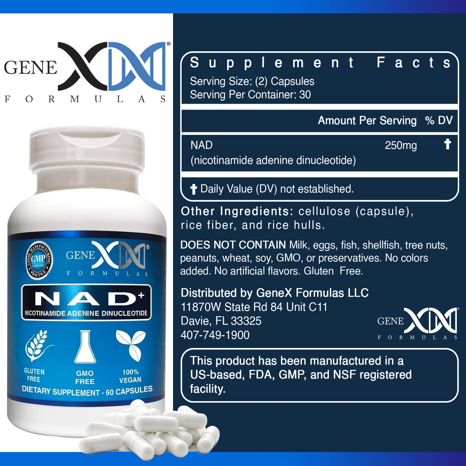 Close-up of NAD+ 250mg capsules