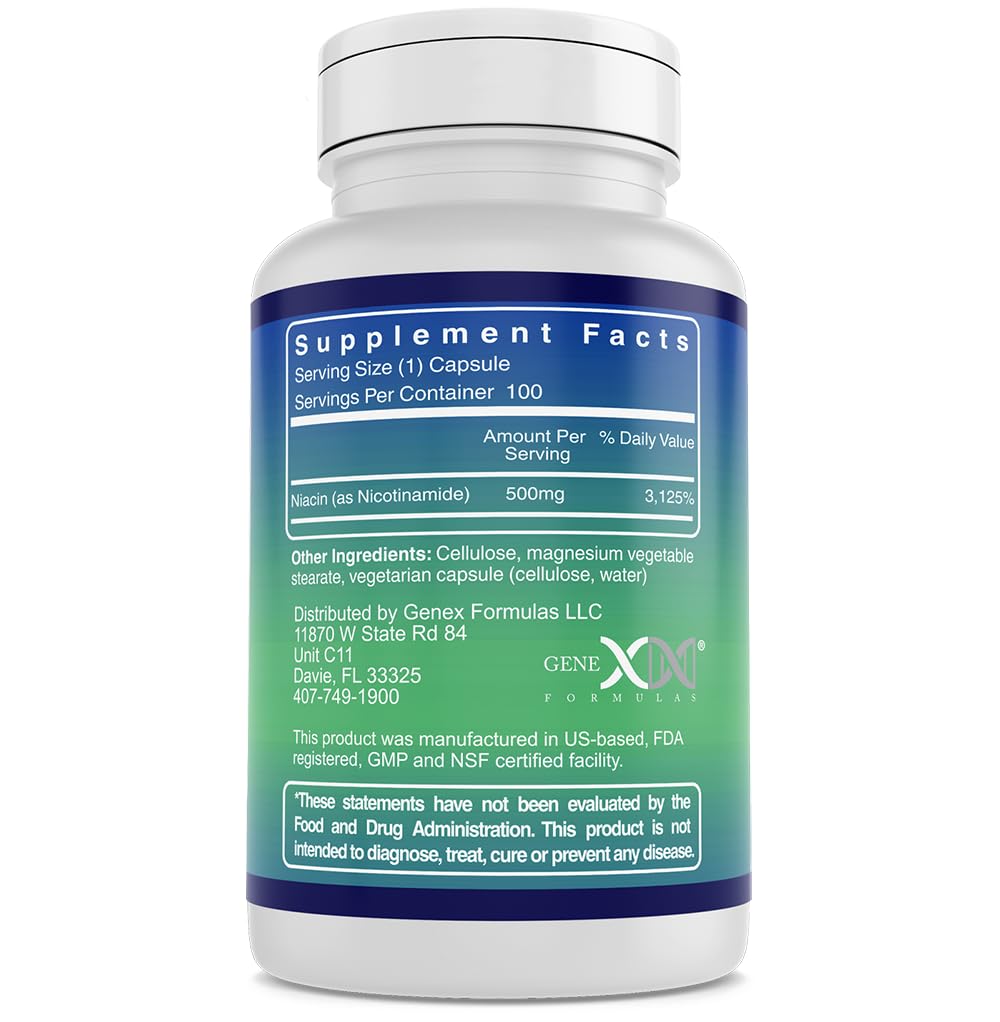 Close-up of Genex Formulas Nicotinamide label on bottle