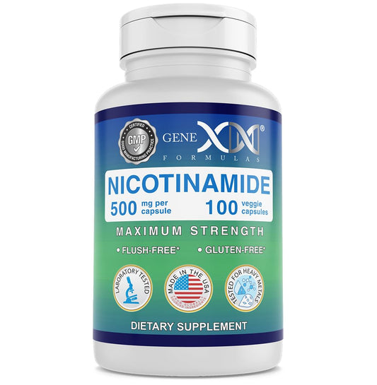 Genex Formulas Nicotinamide 500mg Niacinamide capsules bottle with packaging