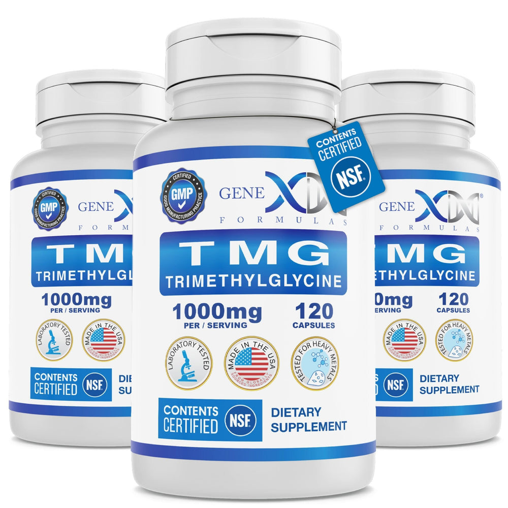 Genex Formulas TMG bottle front showing 360 capsule supply for daily use