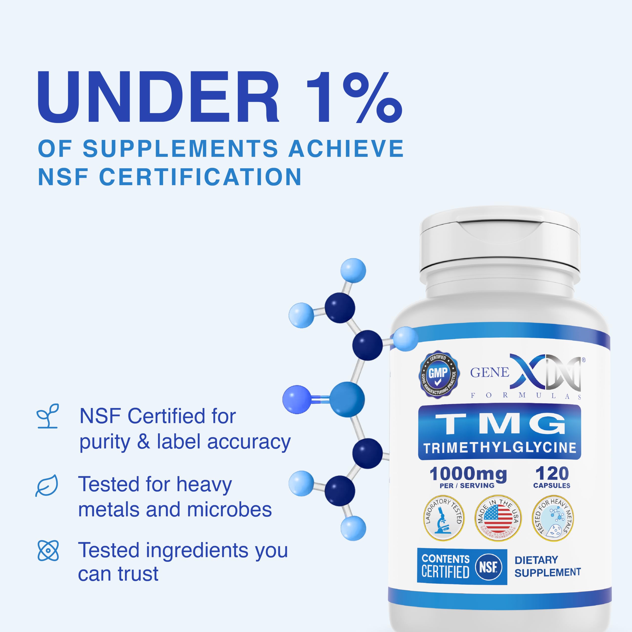 Genex Formulas TMG bottle label emphasizing clean, gluten-free and non-GMO credentials