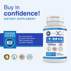 Genex Formulas TMG capsules closeup highlighting easy-to-swallow pills