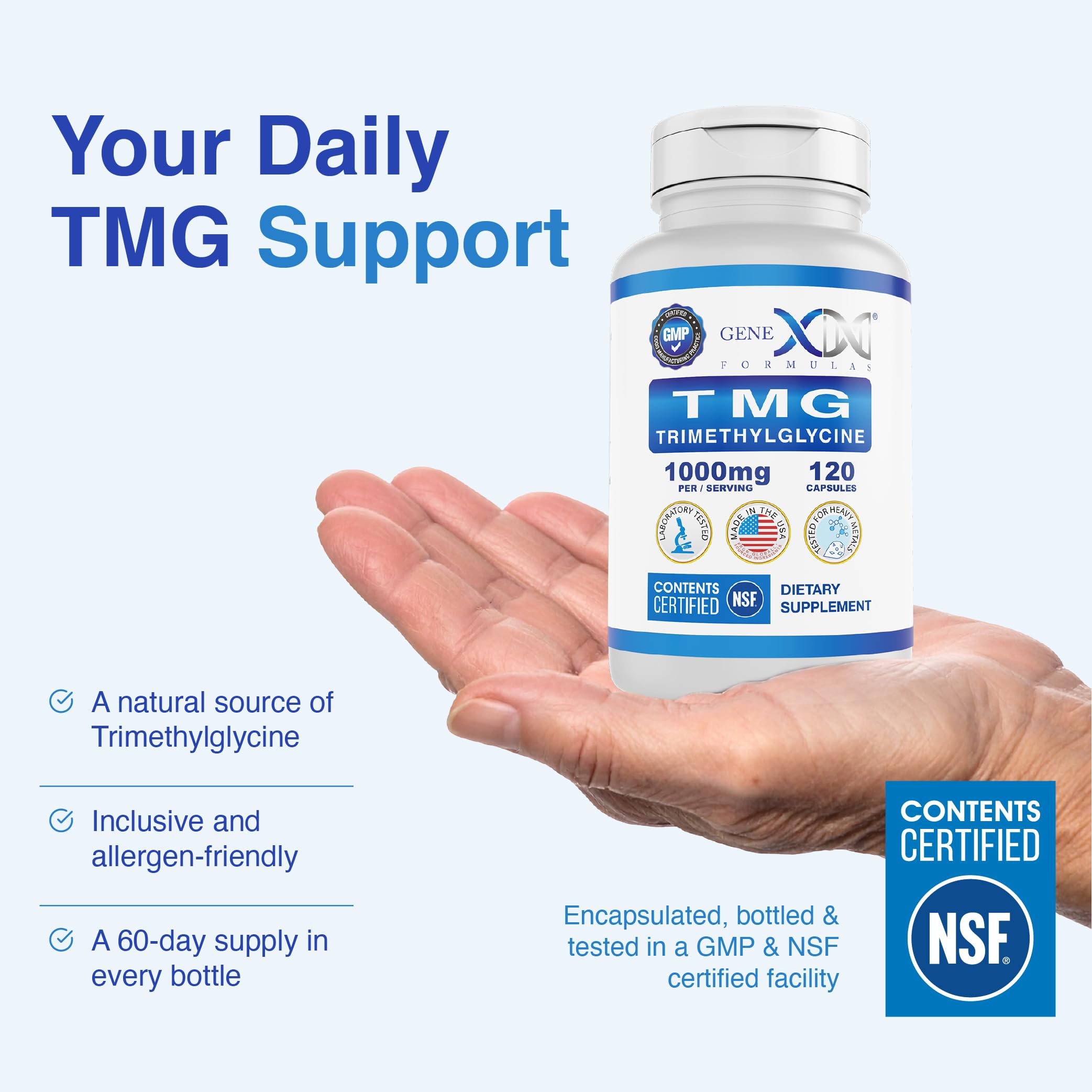 Genex Formulas TMG daily-use bottle pictured with 30-day supply reminder