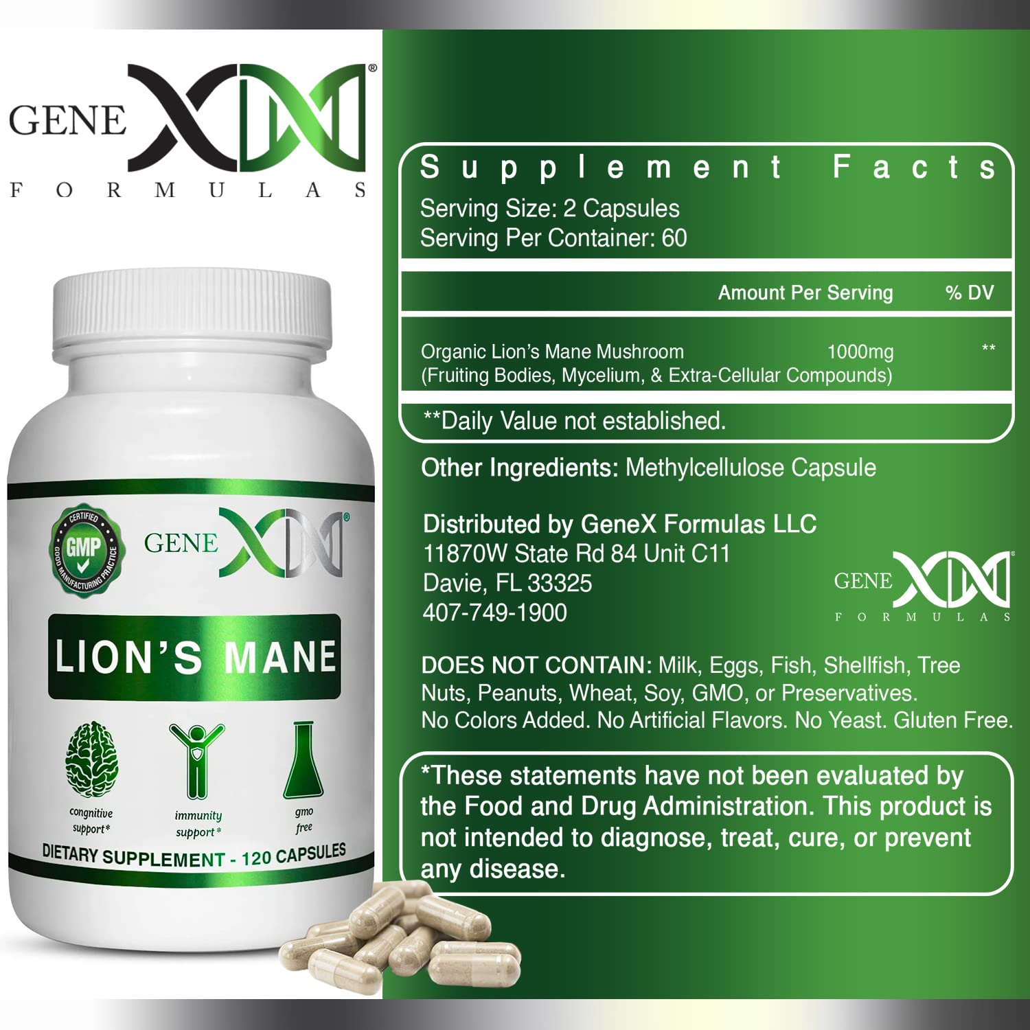 Genex Lions Mane 3 Pack ingredients panel