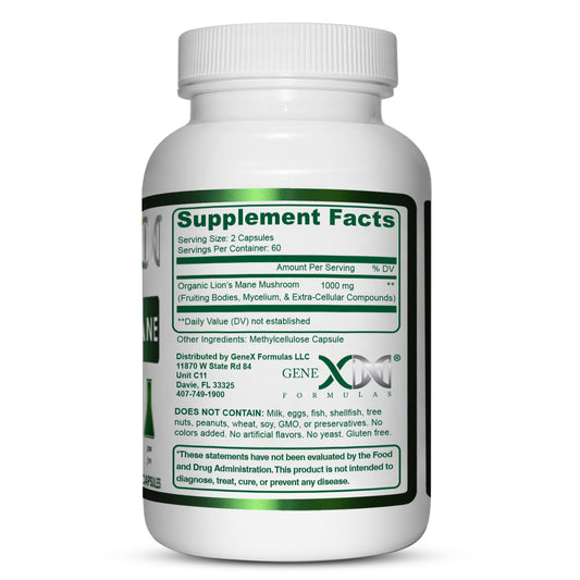 Genex Lions Mane bottle back showing supplement facts
