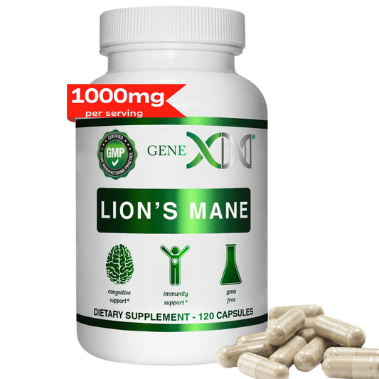 Genex Lions Mane supplement bottle front view with label