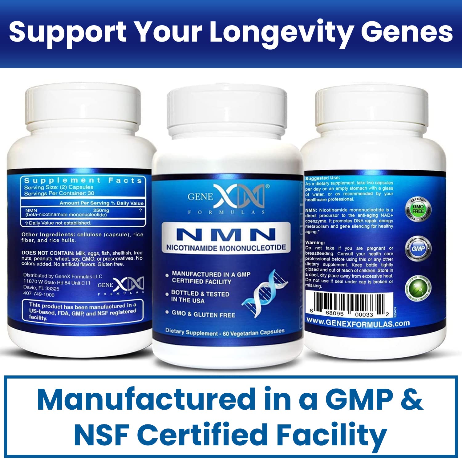 Non-GMO, Gluten Free, vegan NMN supplement ingredients