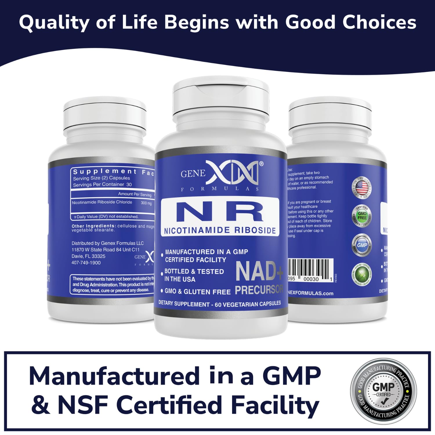 GMP and NSF certification seals for Genex NR