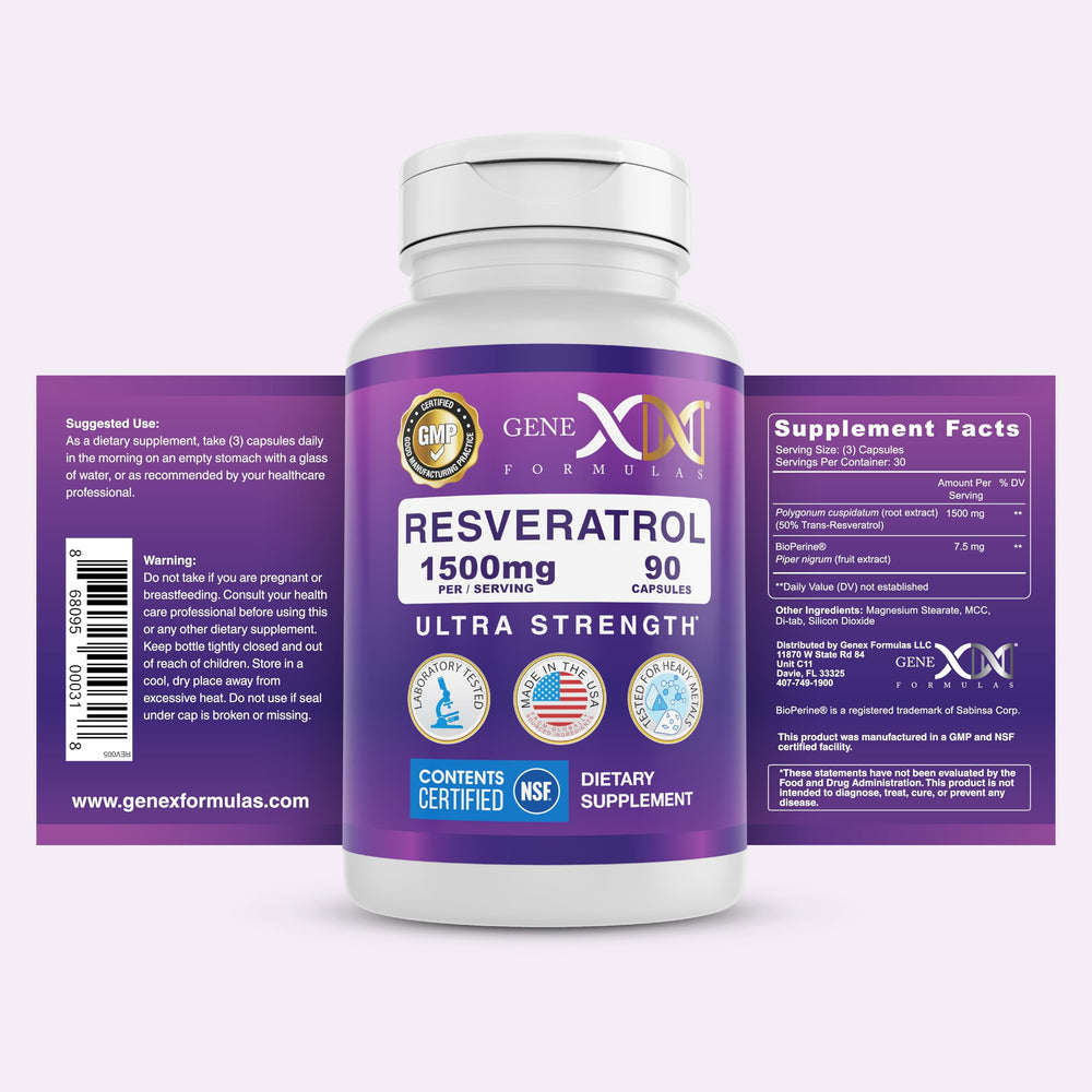 Capsules close-up showing 1500 mg Resveratrol per serving