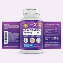 Capsules close-up showing 1500 mg Resveratrol per serving