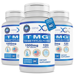 Front view of Genex TMG 1000mg bottle with 360 capsules