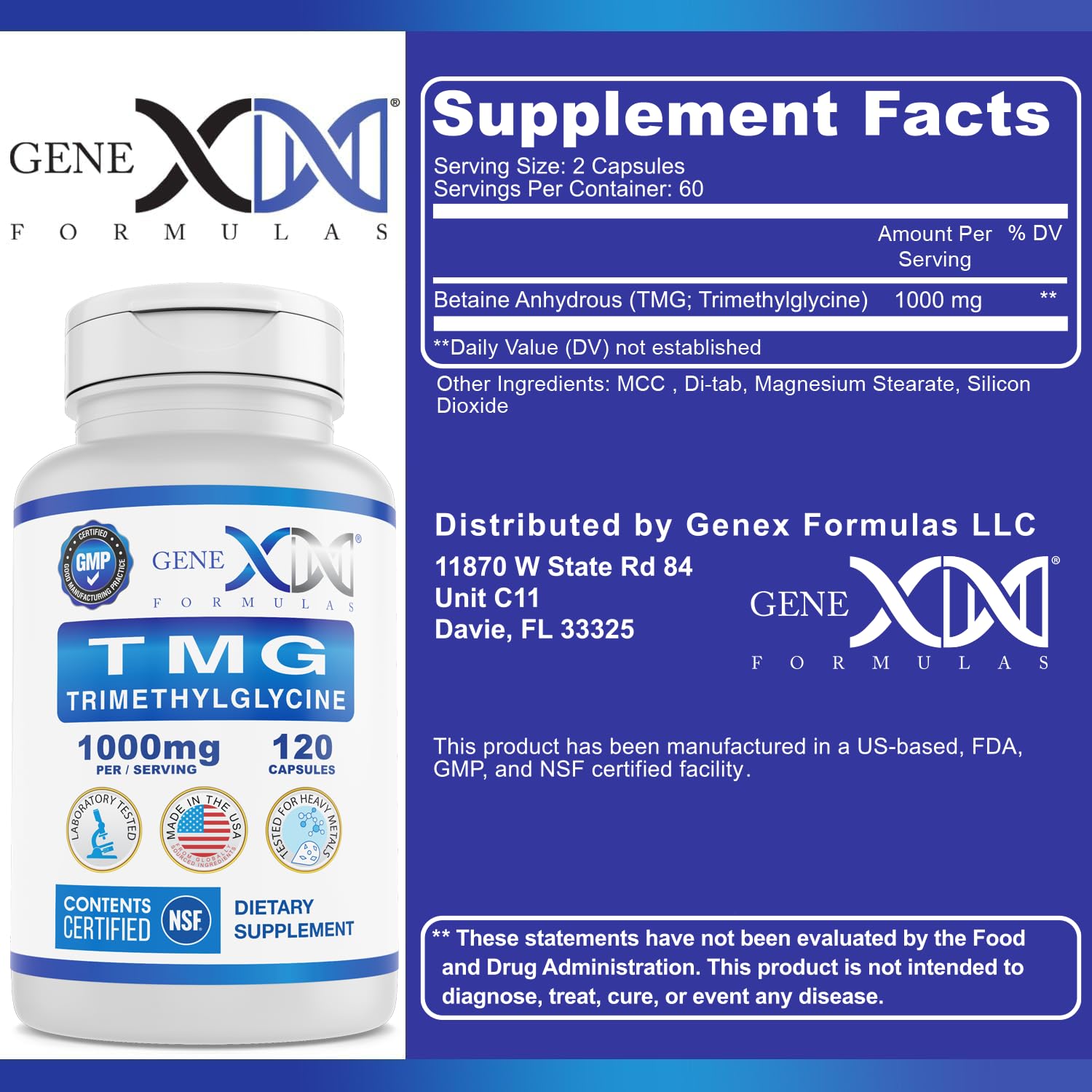 Genex TMG label highlighting trimethylglycine content