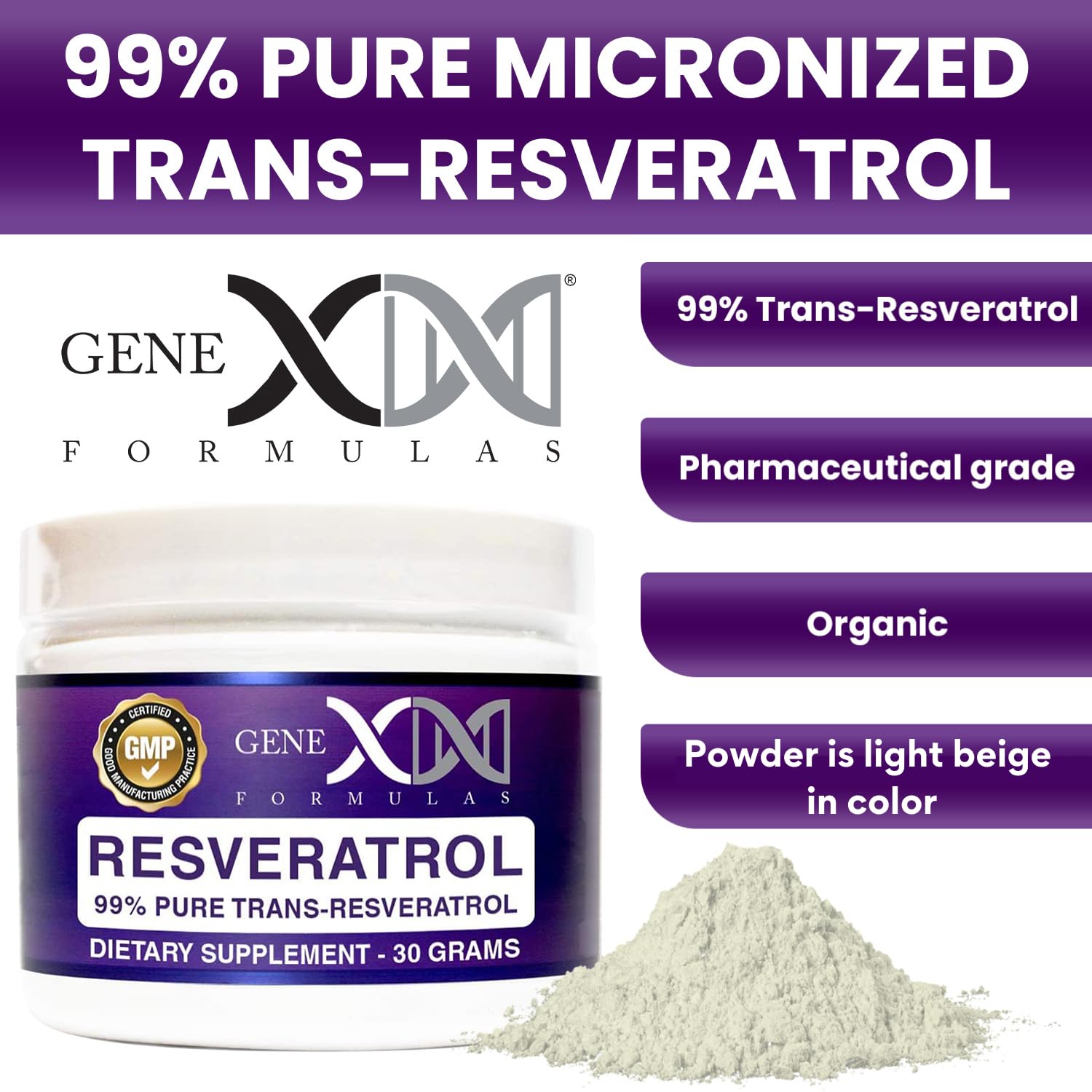 Rear label on GENEX Trans-Resveratrol powder jar