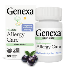 Genexa Allergy Care bottle-front highlights drug-free, non-drowsy relief for seasonal sneezing and congestion.