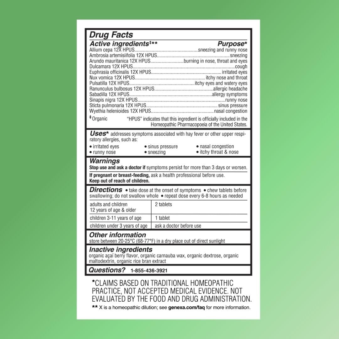 Genexa Allergy Care-ingredients list communicates absence of artificial dyes or preservatives.