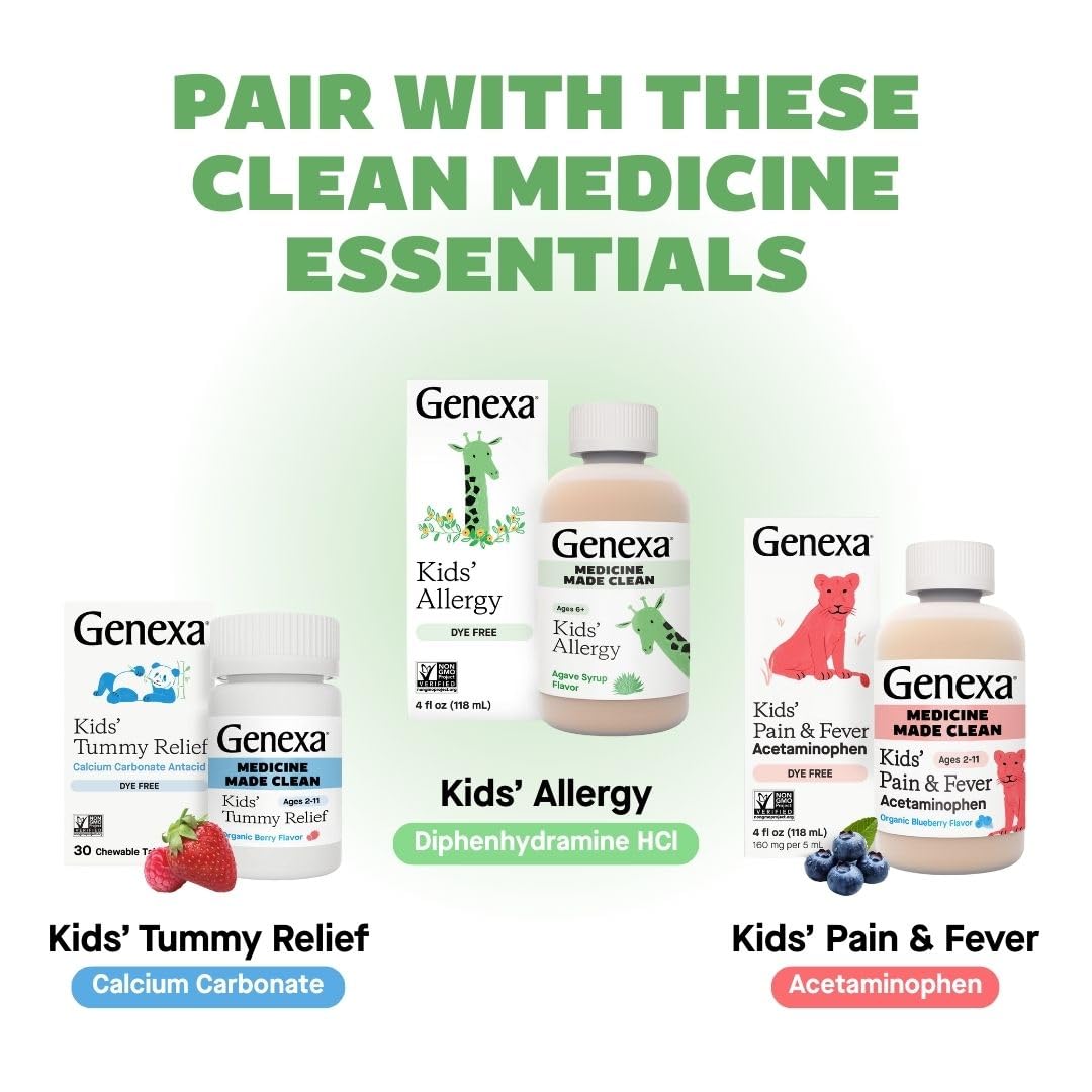 Genexa Kids Allergy Care child taking a chewable tablet in a calm daily routine.