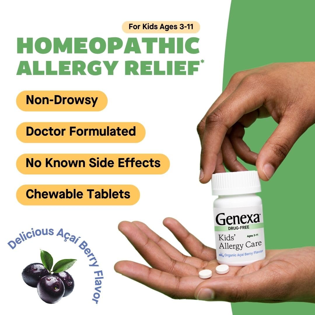 Genexa Kids Allergy Care organic label emphasizes clean, certified-organic ingredients.