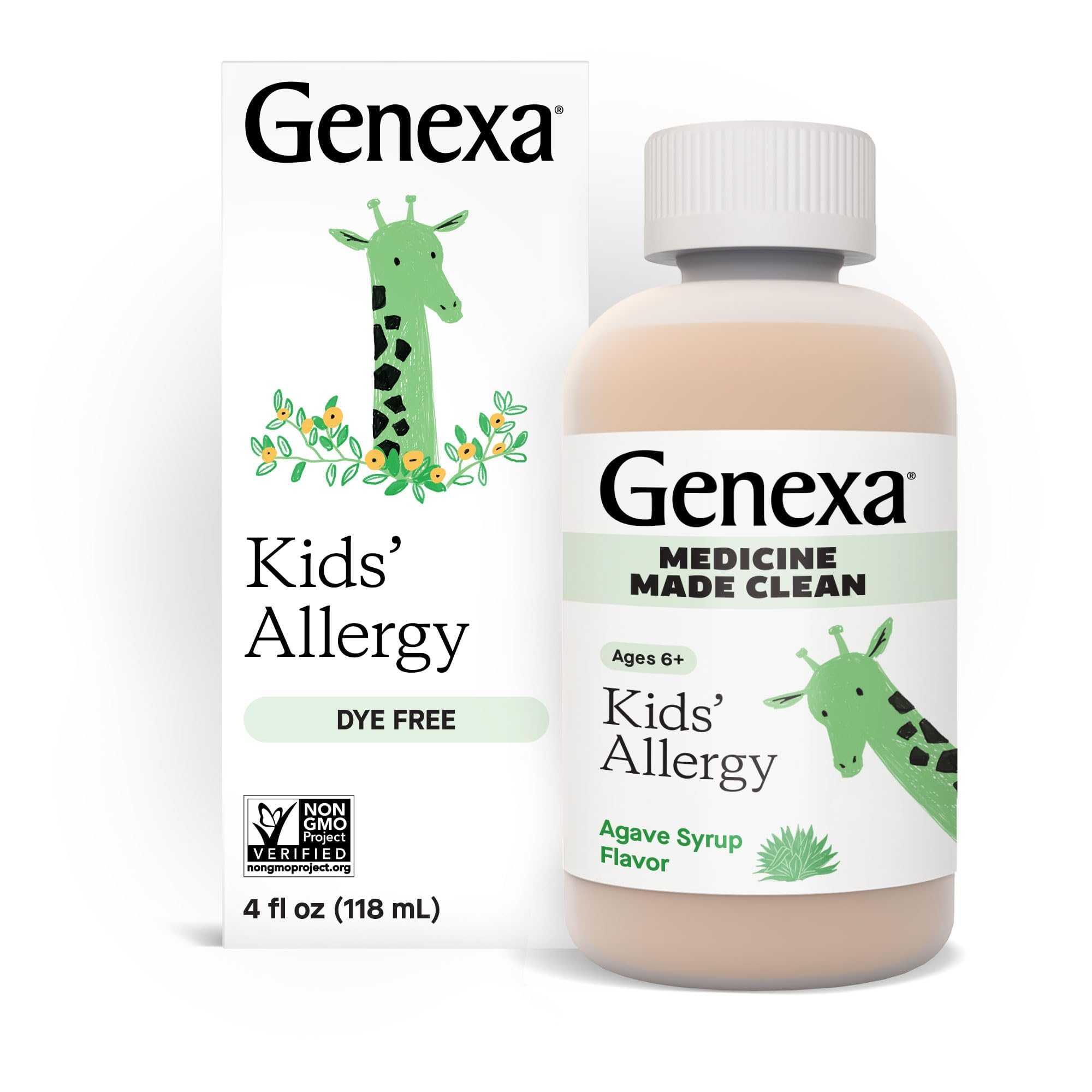 Genexa Kids Allergy Medicine bottle being poured shows gentle multi-symptom relief.
