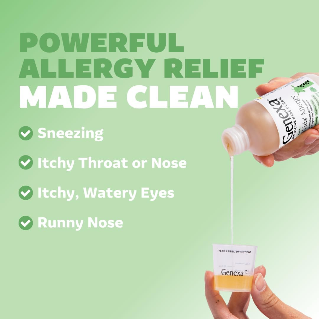 Genexa kids dosing spoon demonstrates easy-to-use liquid allergy medicine for families.