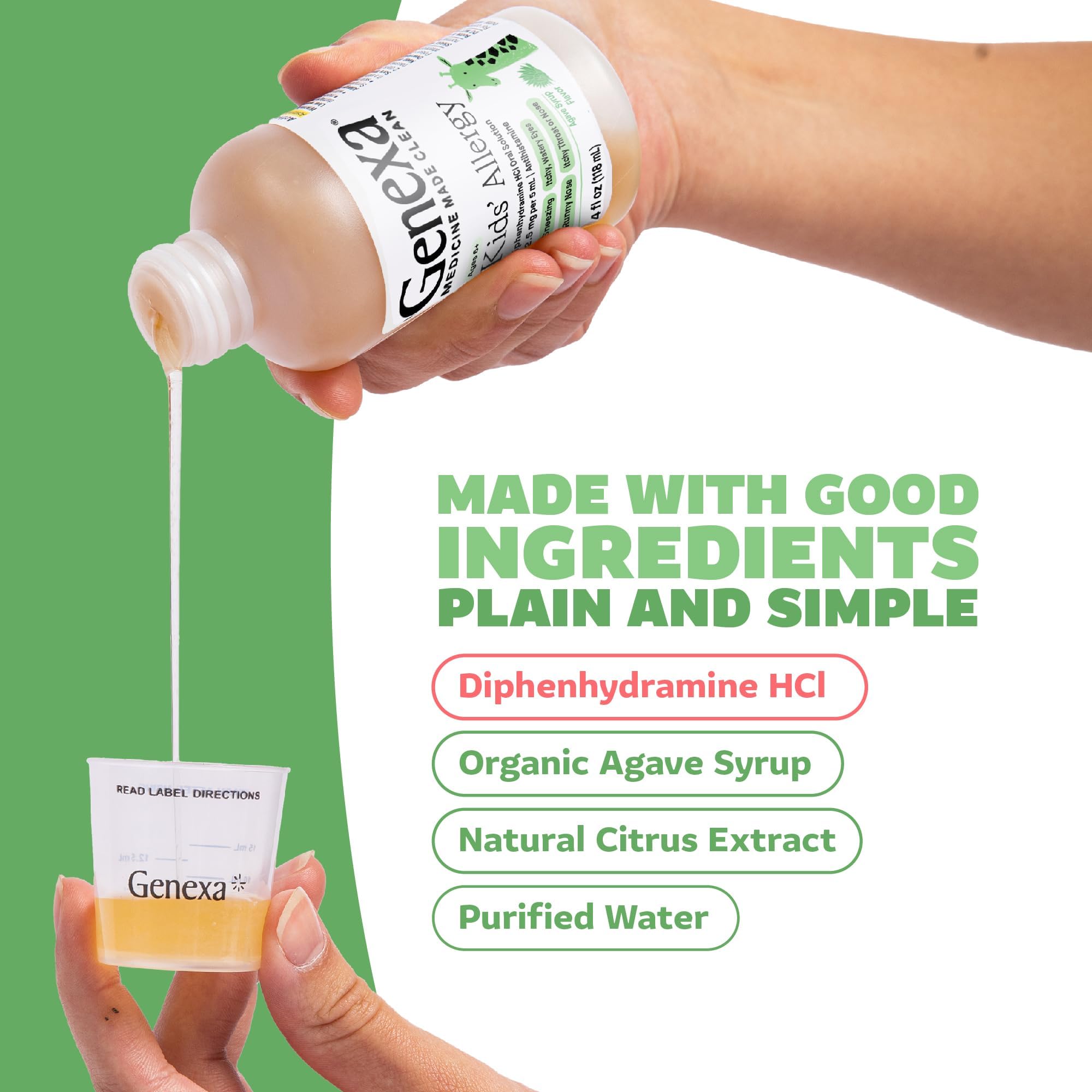 Genexa product ingredients display—no artificial additives or common allergens.
