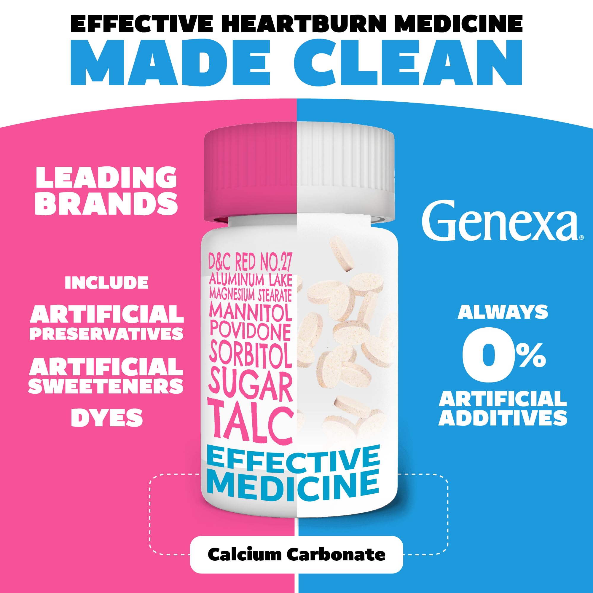 Genexa Kids Clean Tummy Relief tablets close-up showing child-friendly chewable form.