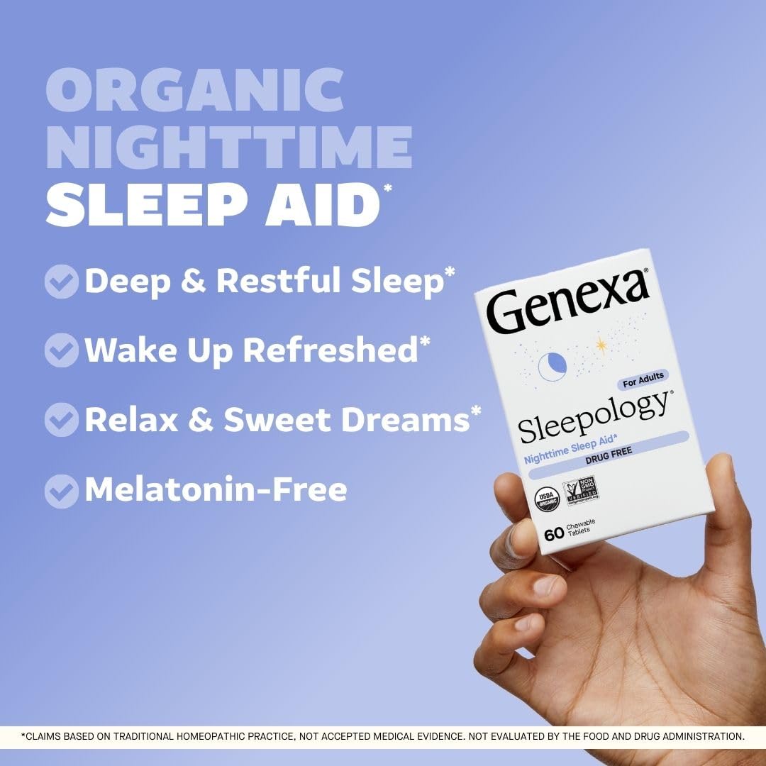 Genexa Sleepology bottle with label on shelf signals organic, non-GMO ingredients.