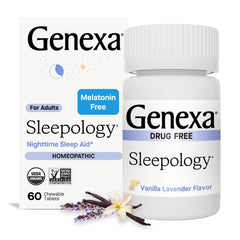 Genexa Sleepology tablets close-up, melatonin-free sleep aid option for calmer nights.