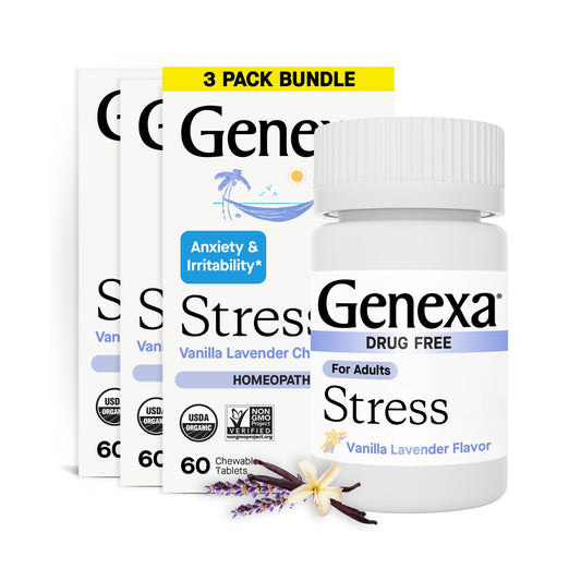 Genexa Stress for Adults chewable tablets bottle showing Vanilla & Lavender flavor