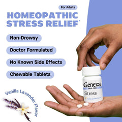 Genexa Stress Relief organic label highlighting gluten-free and vegan status