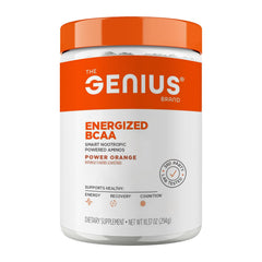 Genius BCAA Powder orange bottle with scoop