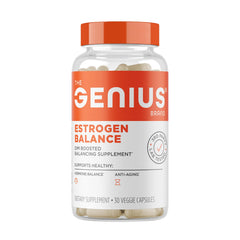 The Genius Brand estrogen balance bottle shows a vegan, USA-made formula for hormone balance.