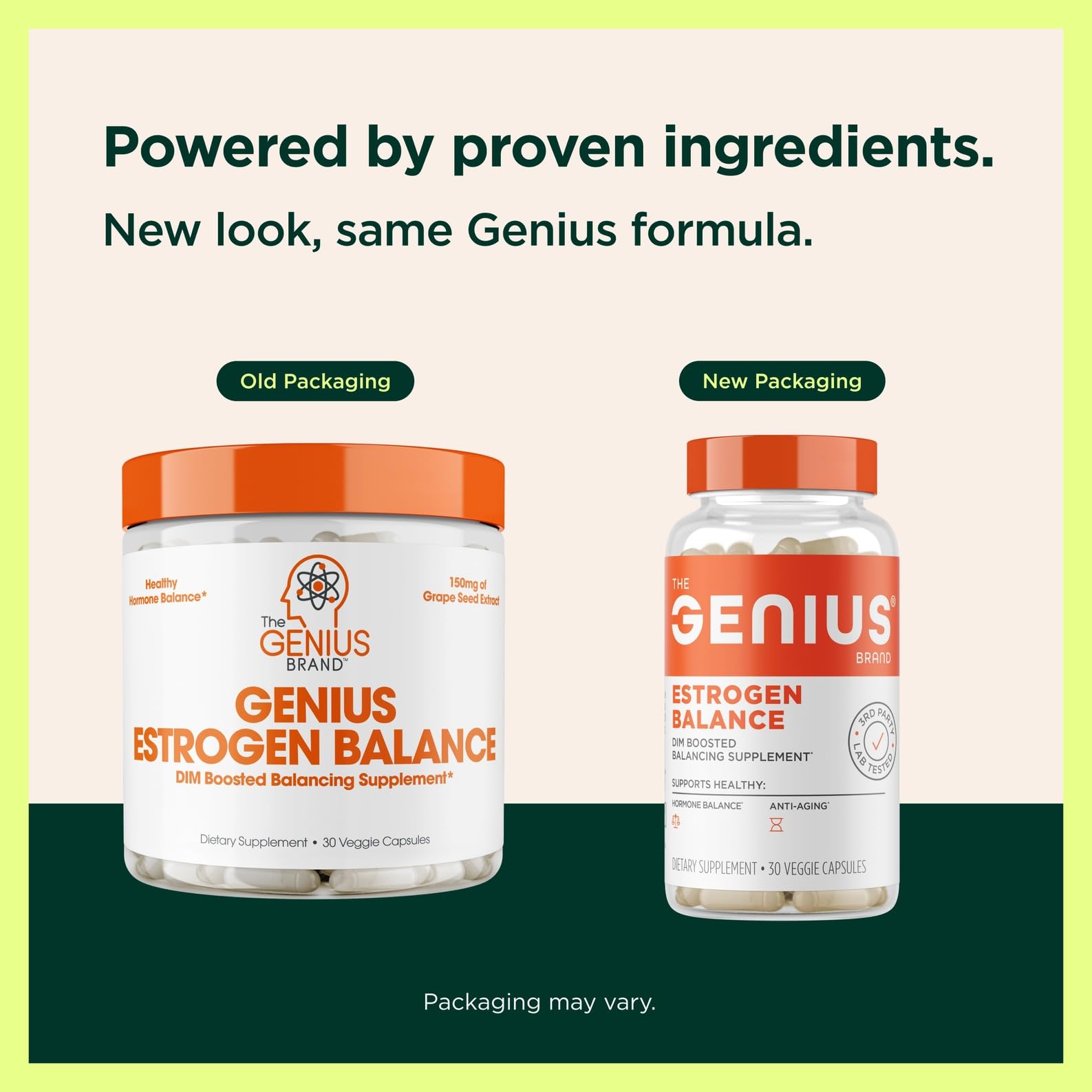 Genius Brand estrogen balance contains DIM supporting estrogen balance with grape seed.
