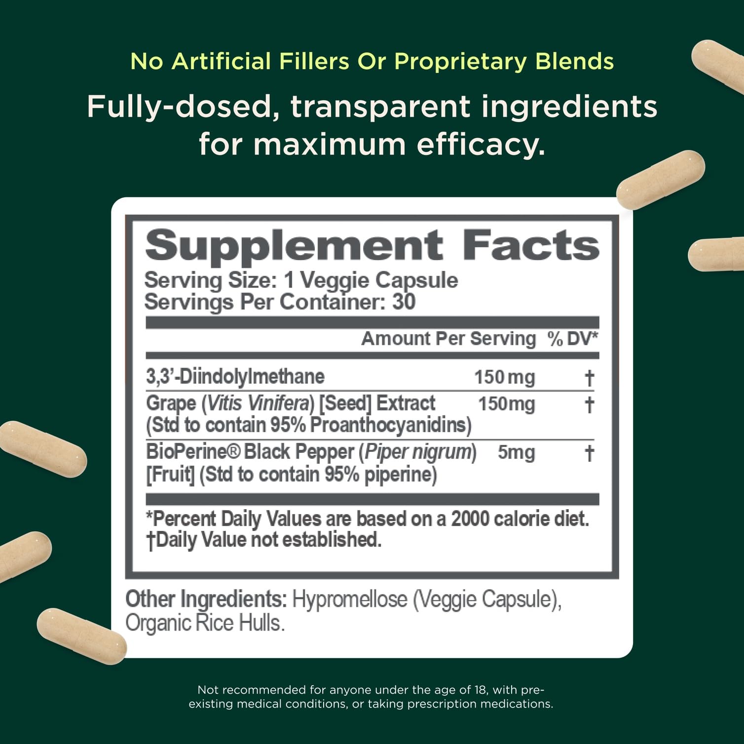 Genius Brand estrogen balance with grape seed extract and capsule focus.