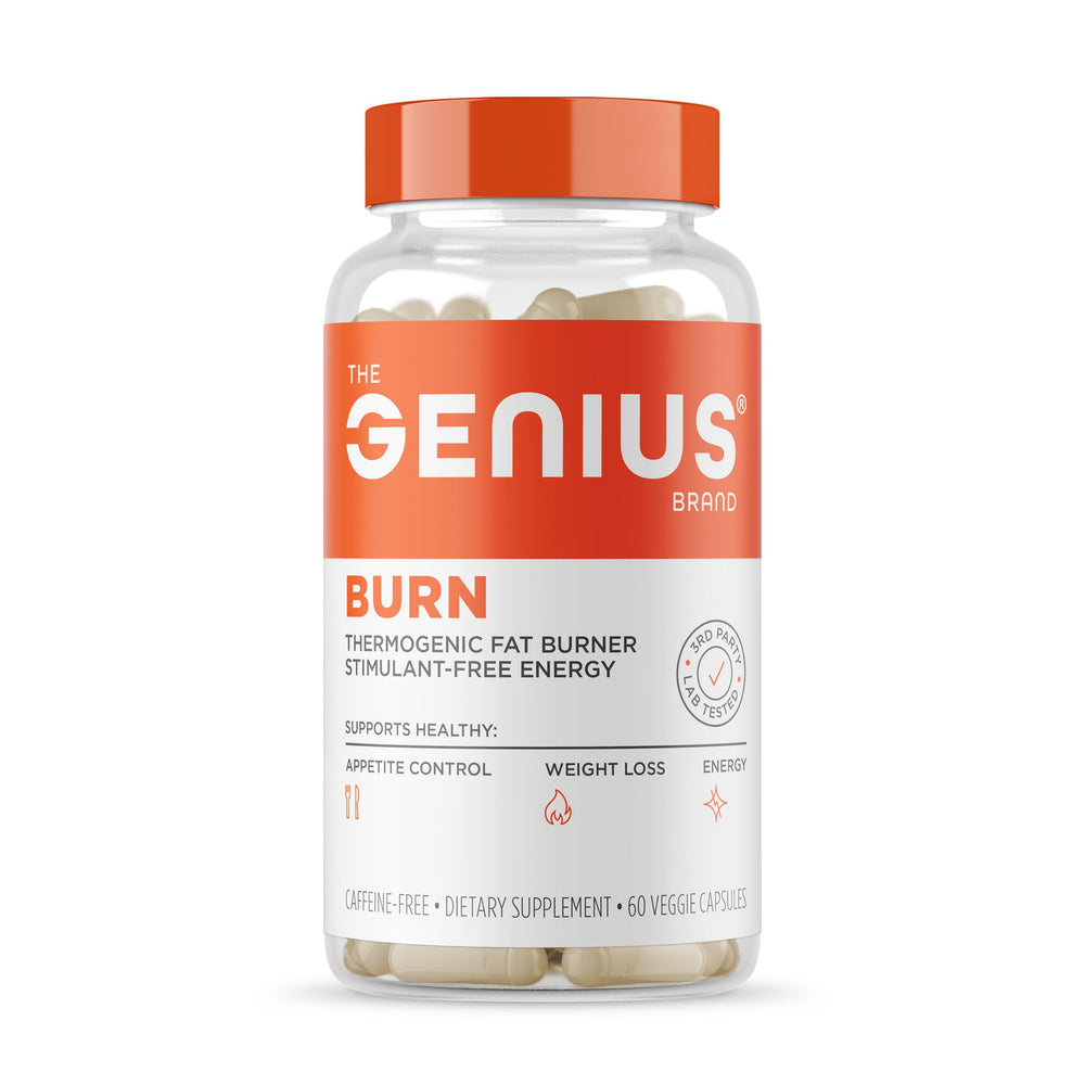 The Genius Brand Genius Burn bottle with capsules for metabolic support and focus.