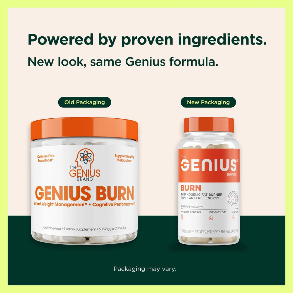 Genius Burn capsules close-up highlighting a non-jittery energy boost.
