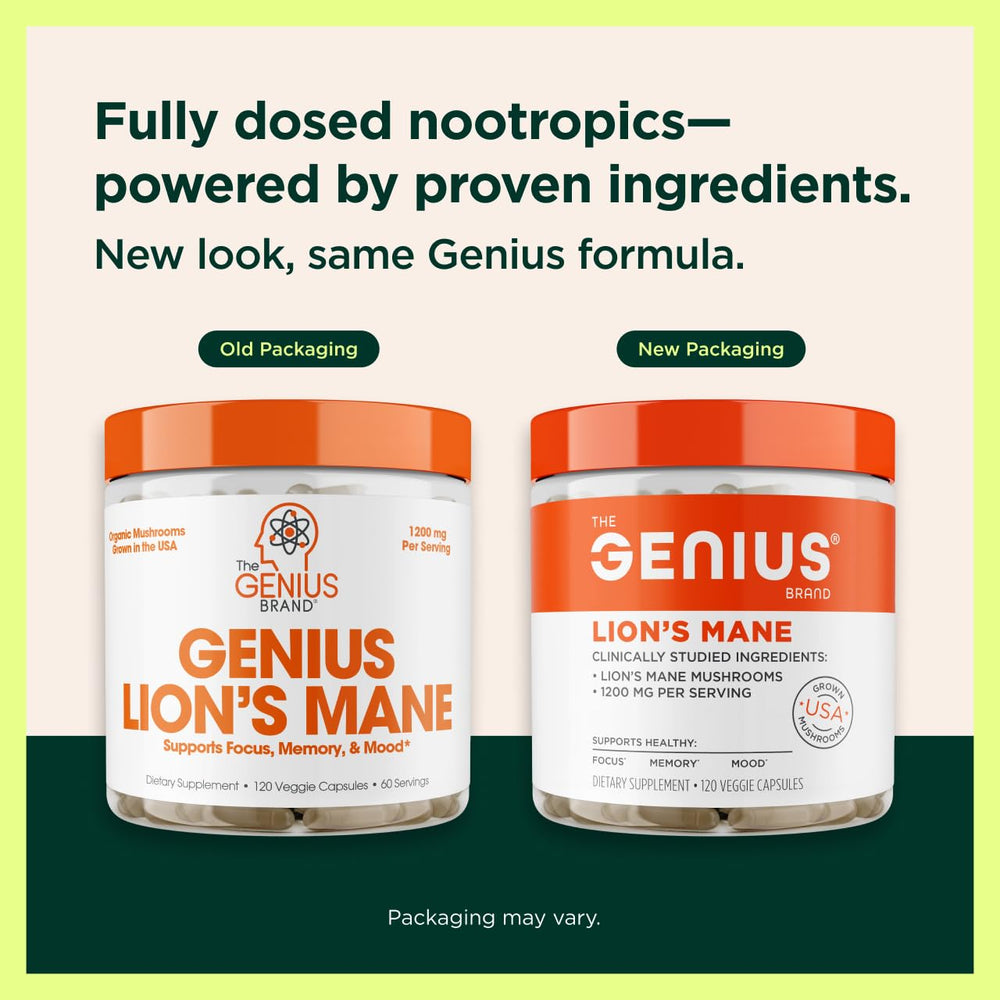 Genius Lion's Mane bottle displayed on a clean surface