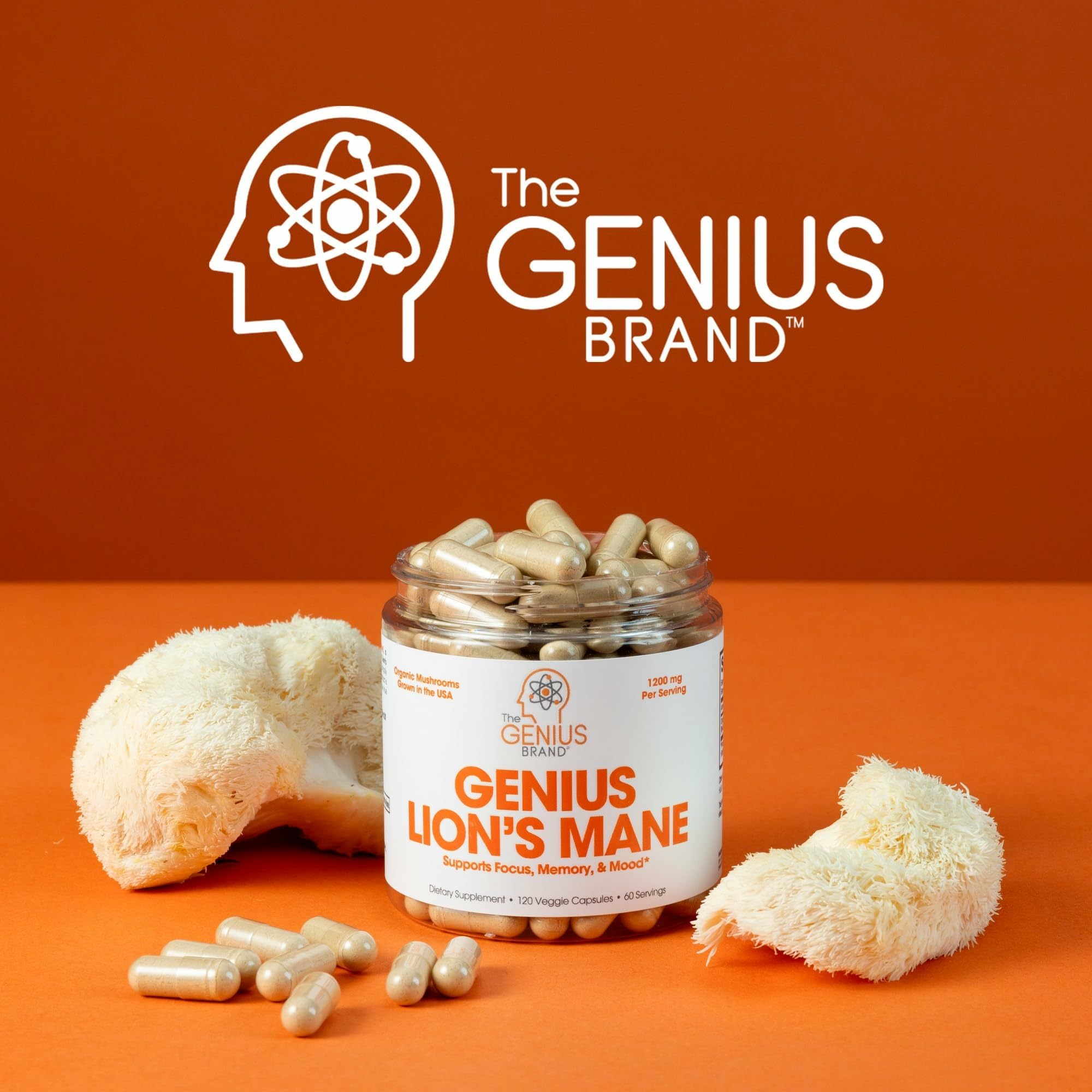 Usage and dosage visuals for Genius Lion's Mane supplement