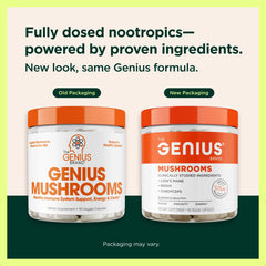 Genius Mushrooms product label showing organic and non-GMO