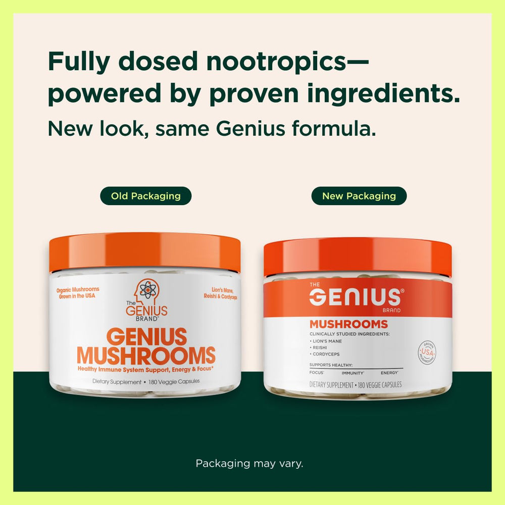 Genius Brand capsules closeup showcase the full-spectrum brain support formula.
