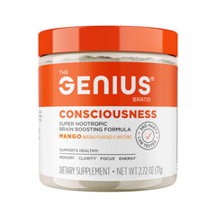 Genius Consciousness Mango bottle front showing the product brand and visual focus on energy for daily tasks