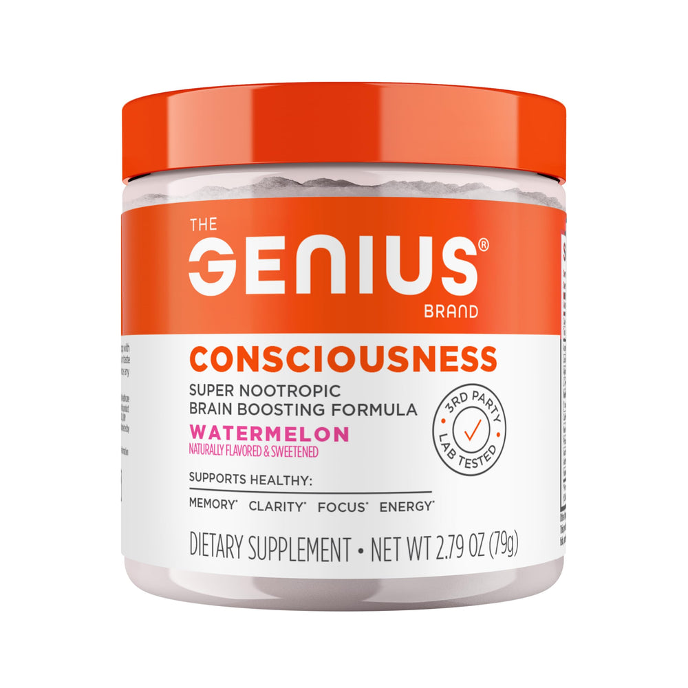 The Genius Consciousness watermelon bottle label highlighting flavor and focus support.