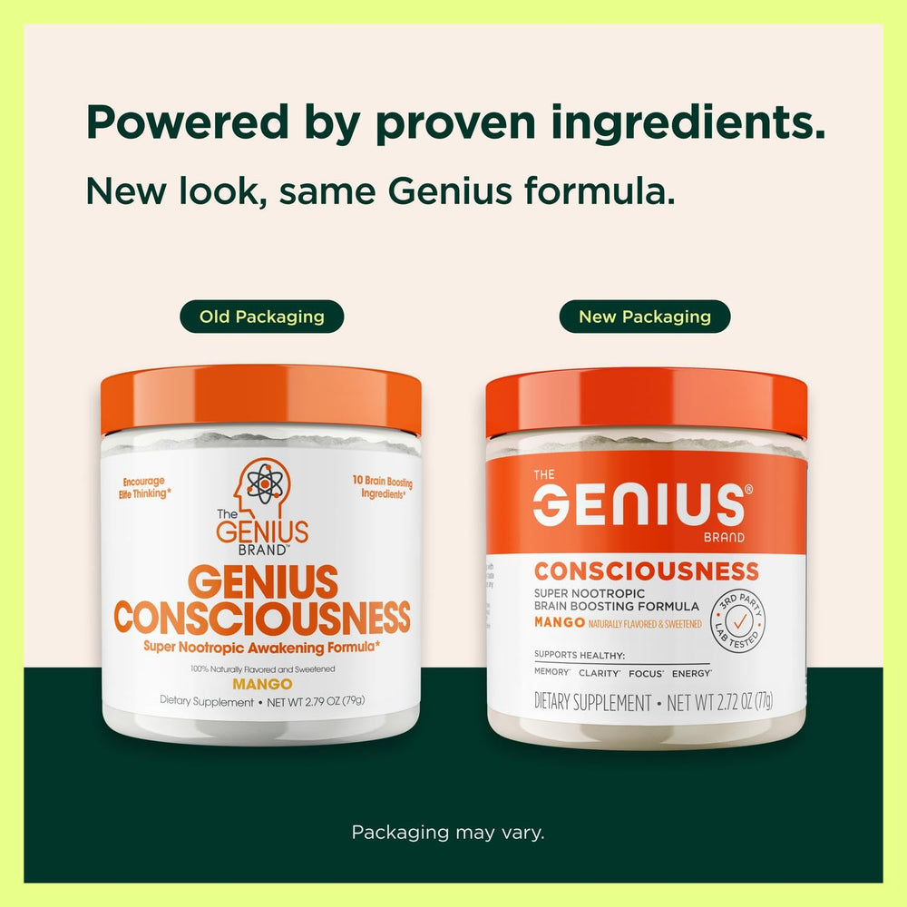 Close-up of Genius Consciousness Mango powder label