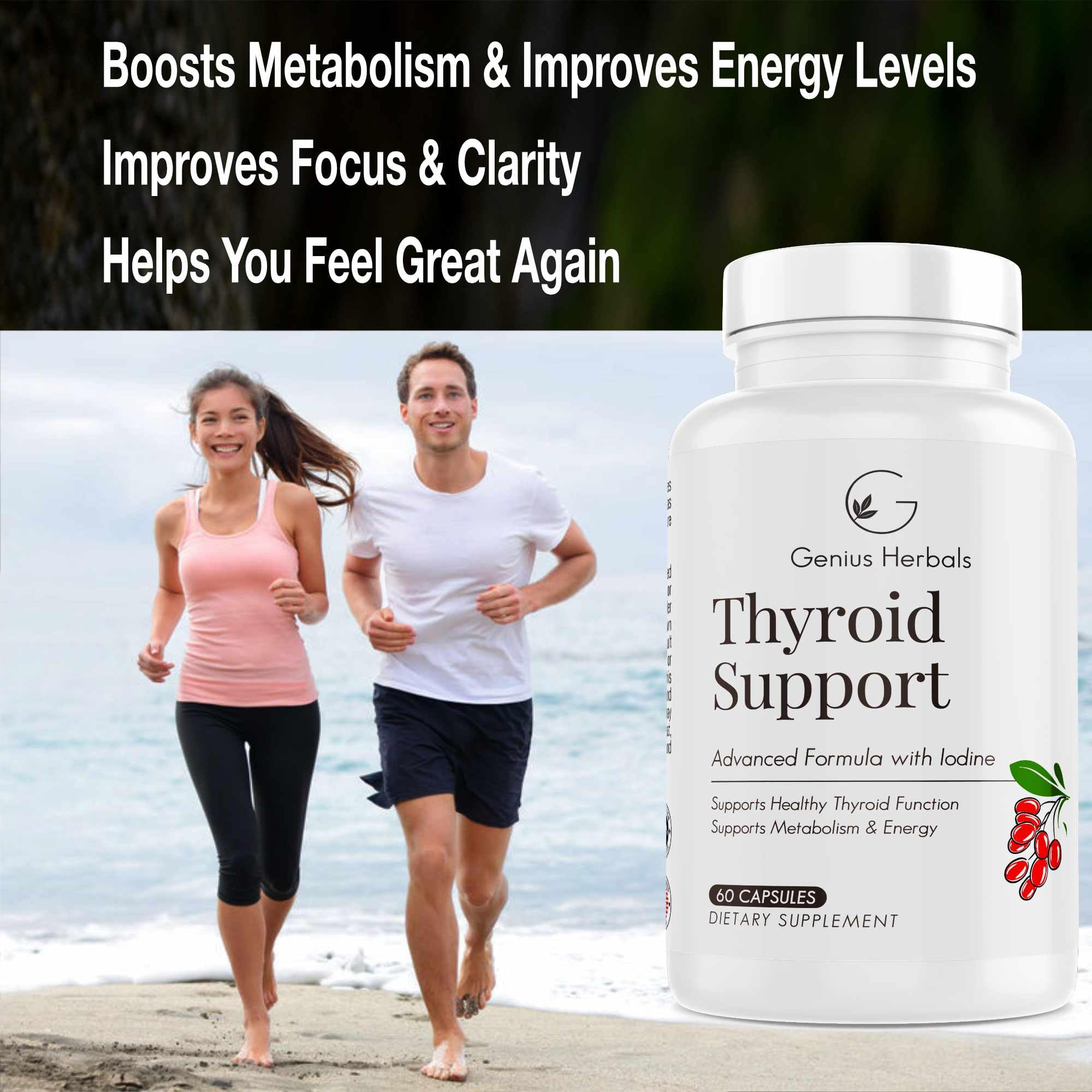 Genius Herbals Thyroid Support bottle on a clean surface
