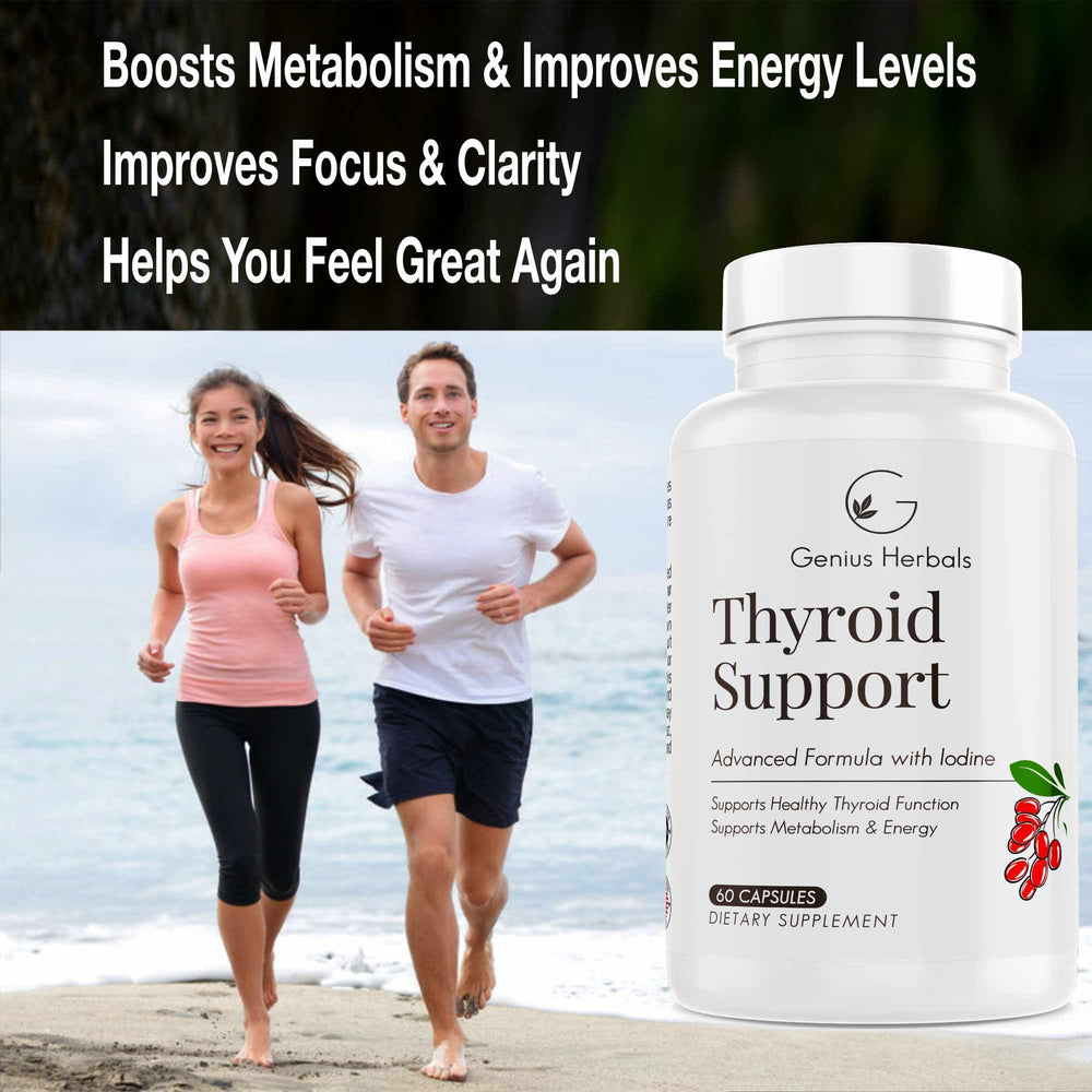 Genius Herbals Thyroid Support bottle on a clean surface