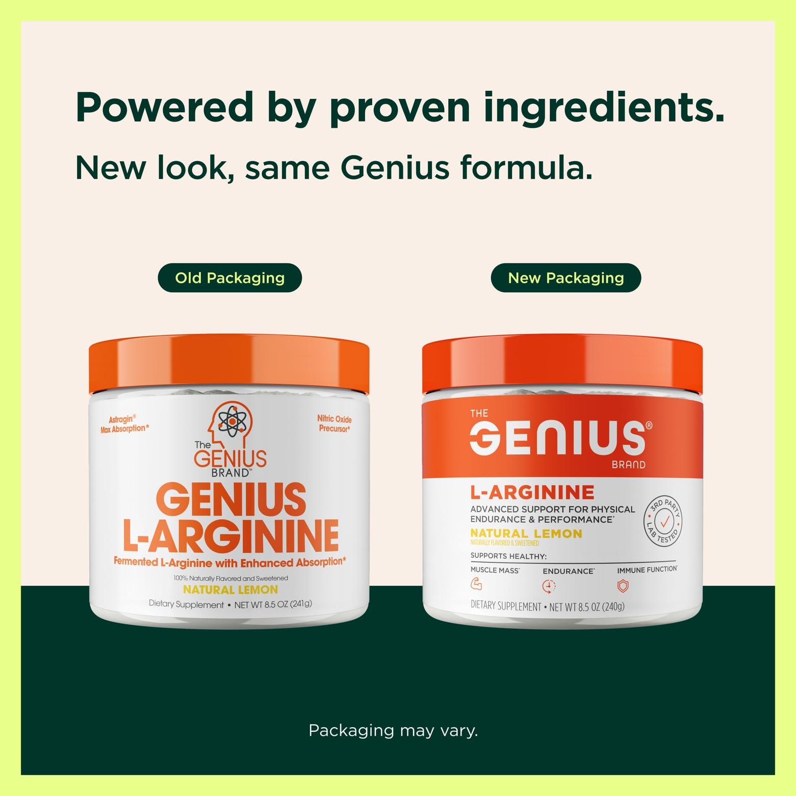 Close-up of nutrition facts label on Genius L-Arginine bottle
