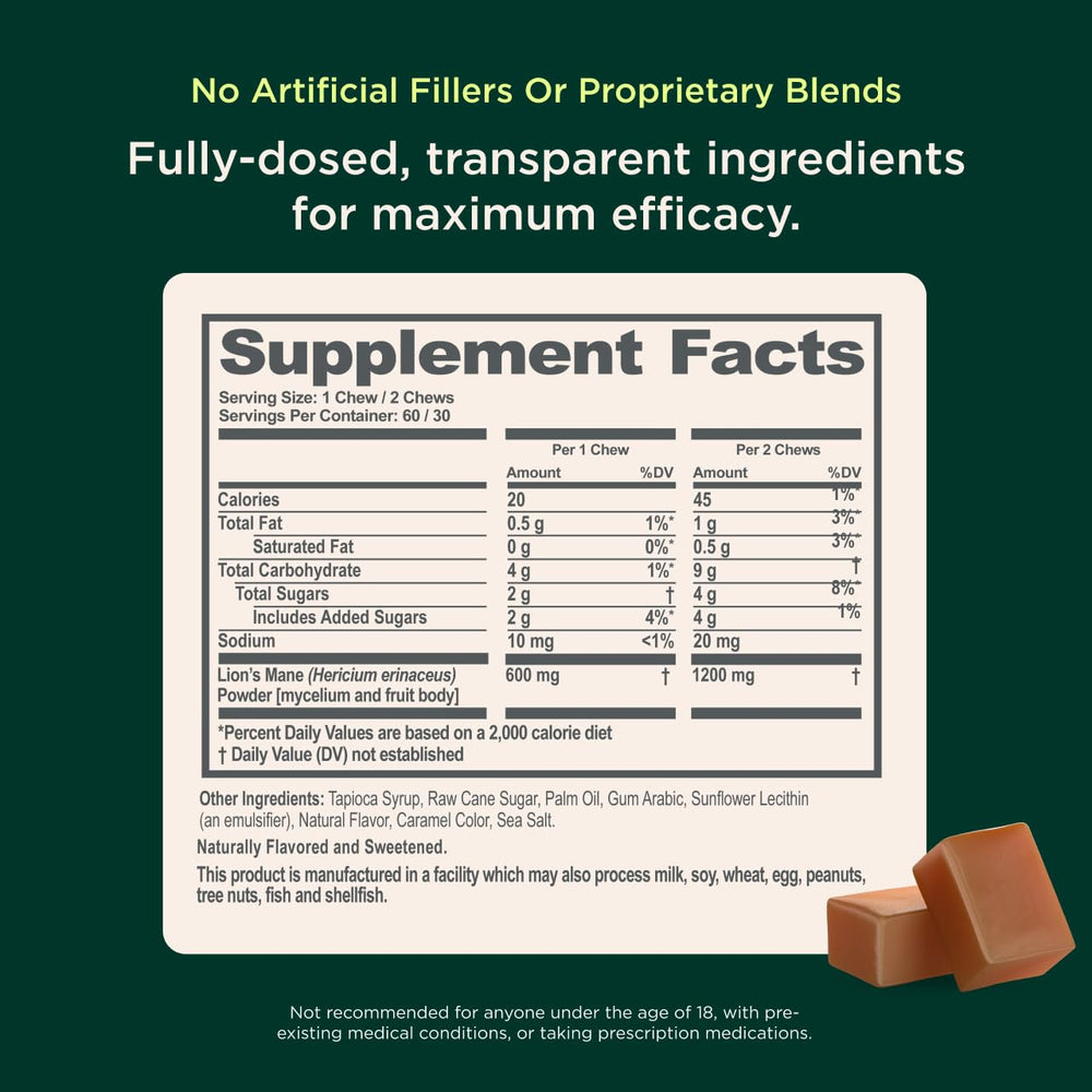 Label highlighting Lion's Mane extract and cognition vitamins