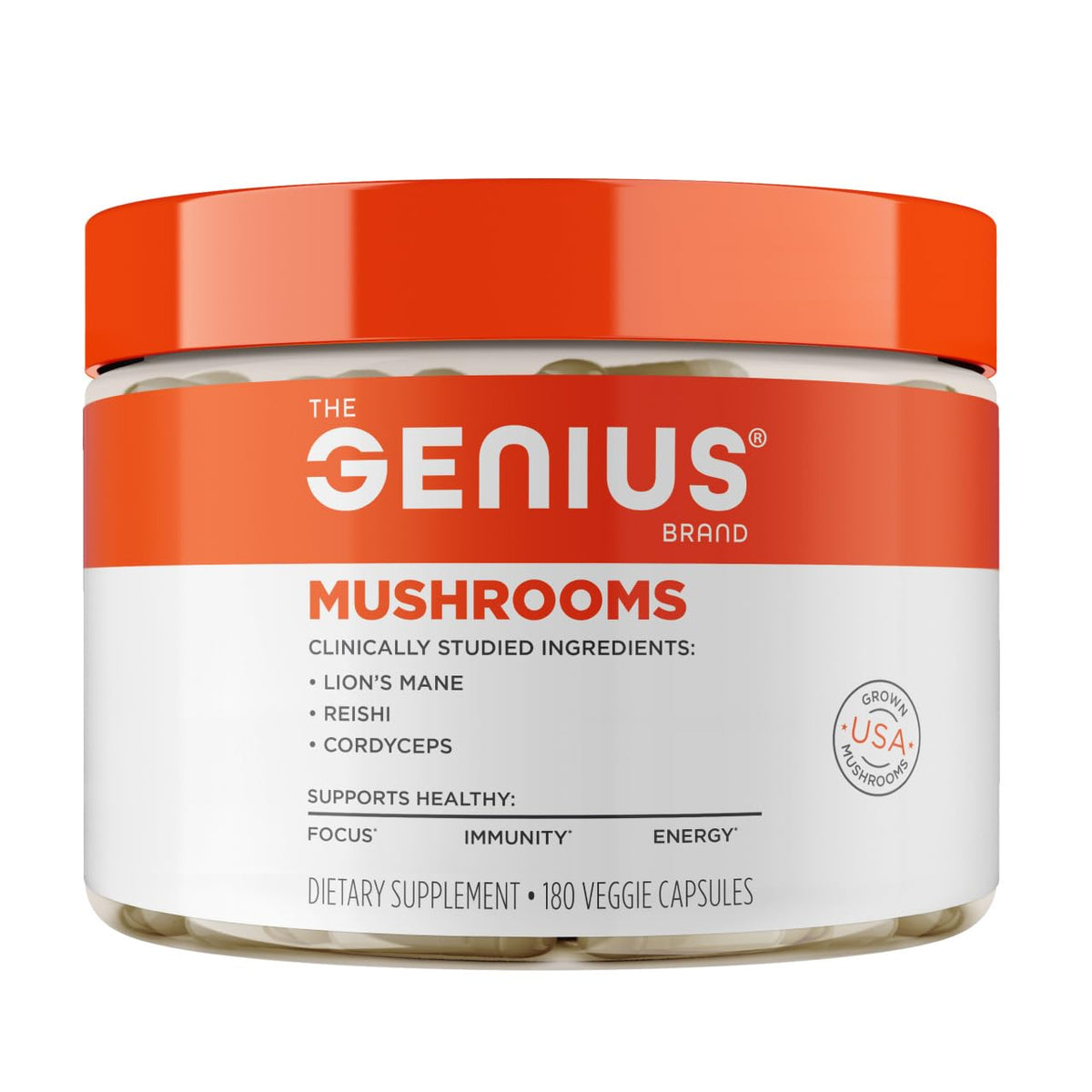 Front view of Genius Mushroom Supplement bottle
