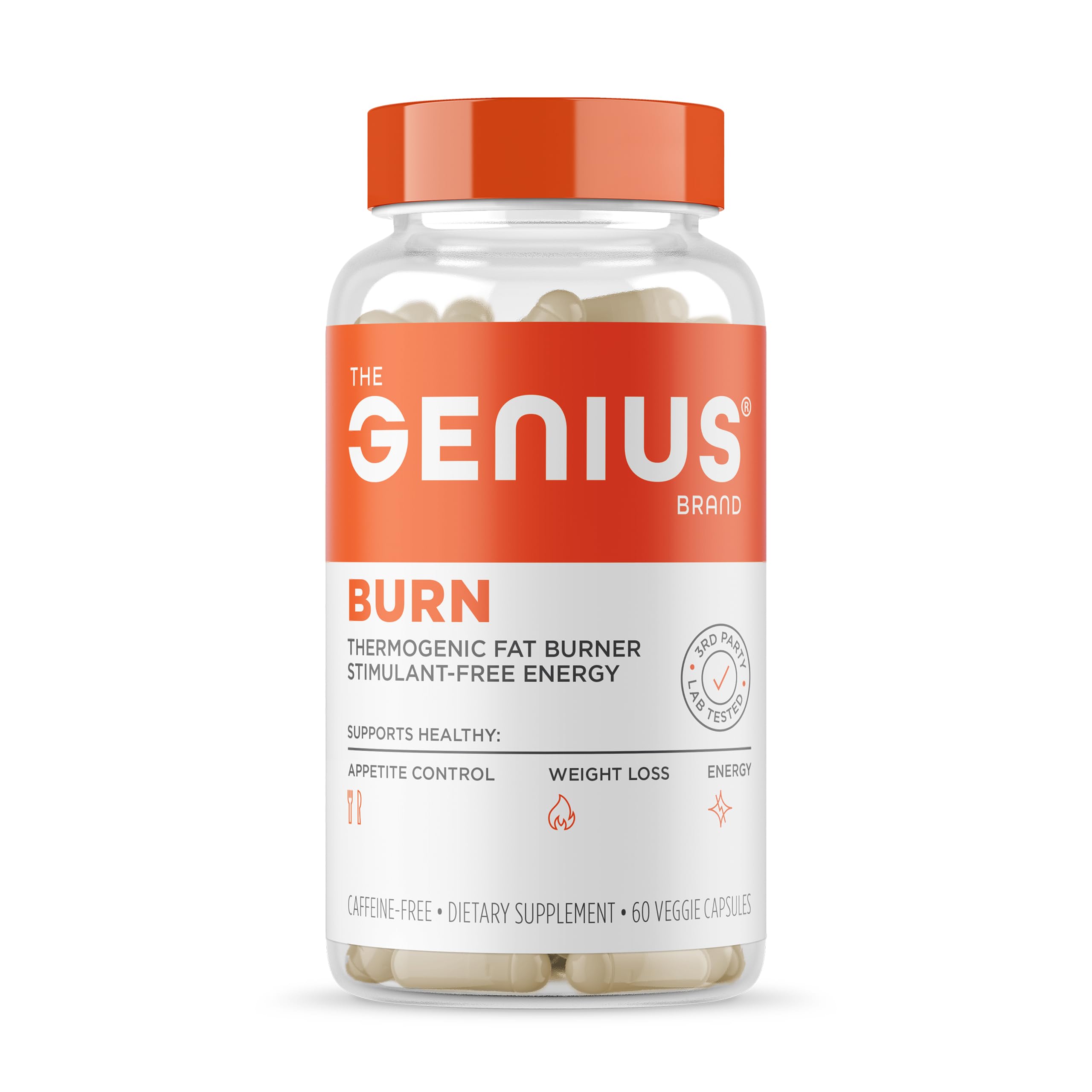 Hero shot of Genius Thermogenic Fat Burner bottle with 60 veggie pills